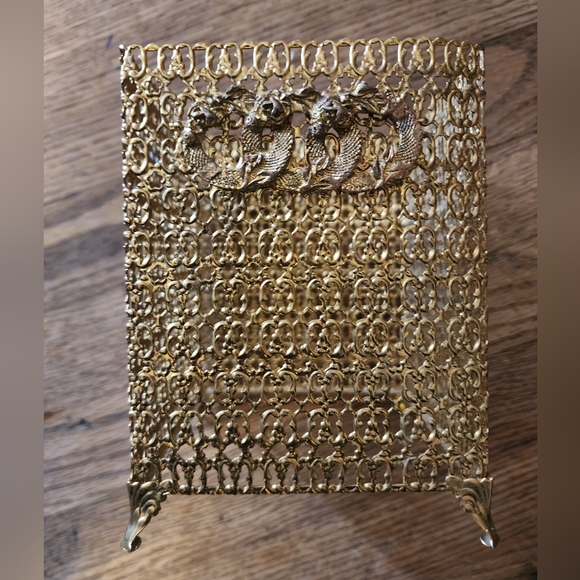 Vintage Gold Filigree Tissue Decorative Vanity Top Box Square Hollywood Regency - Picture 6 of 6